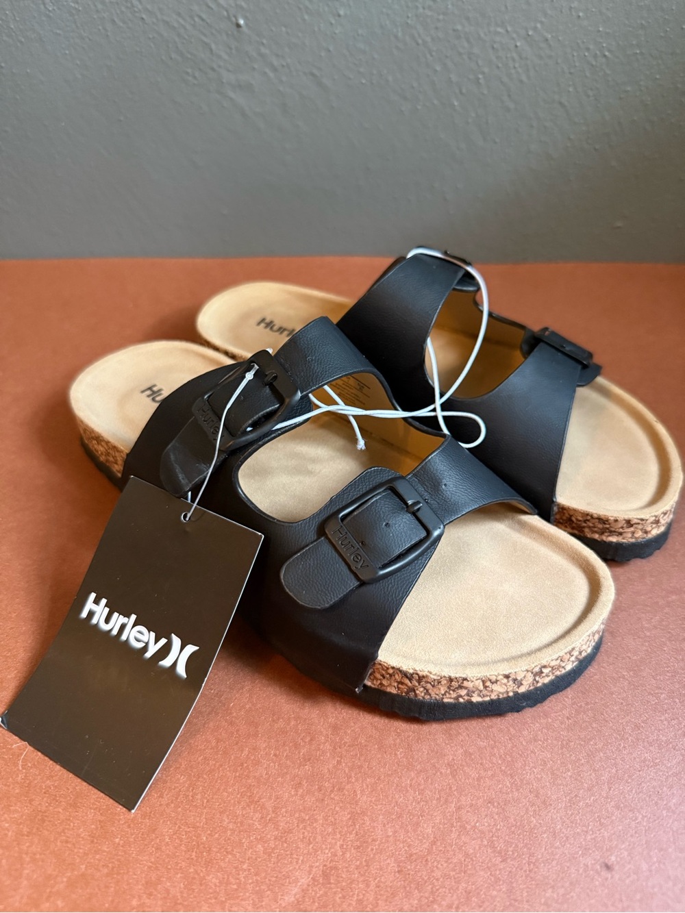 Hurley Black Double-Buckle Cork Footbed Slides